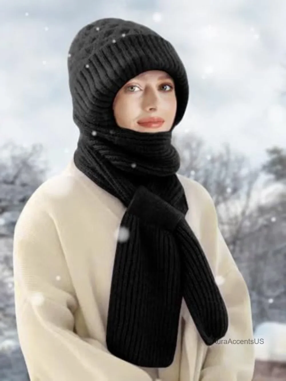 Windproof Knit Cap Scarf with Integrated Ear Protection for Women